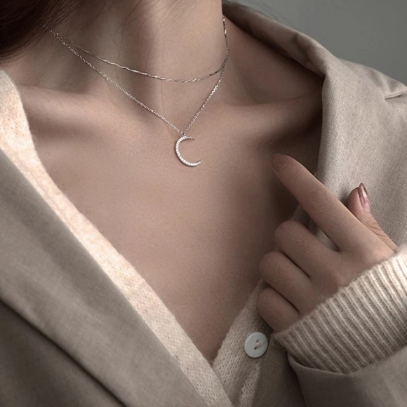 NEW | Crescent Moon Multi Layer Pave Diamond Necklace - Picture 13 of 15